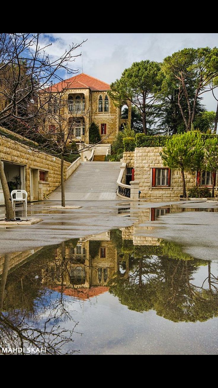 Lebanese stone mansion among pines in the mountains