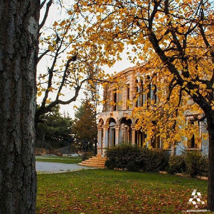 Arcaded Lebanese stone house framed by autumn leaves