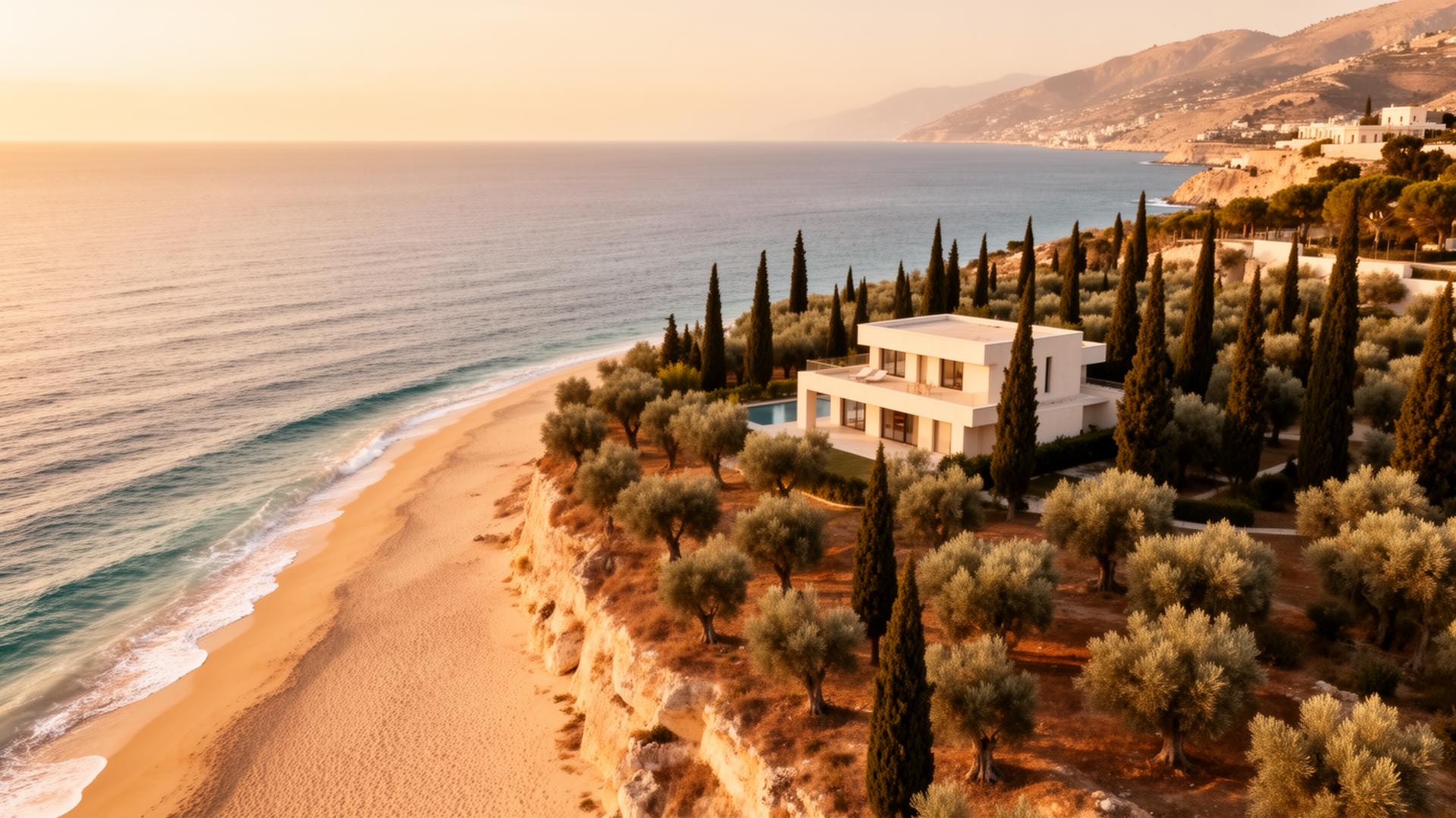 Lebanese coastal villa among cypress trees