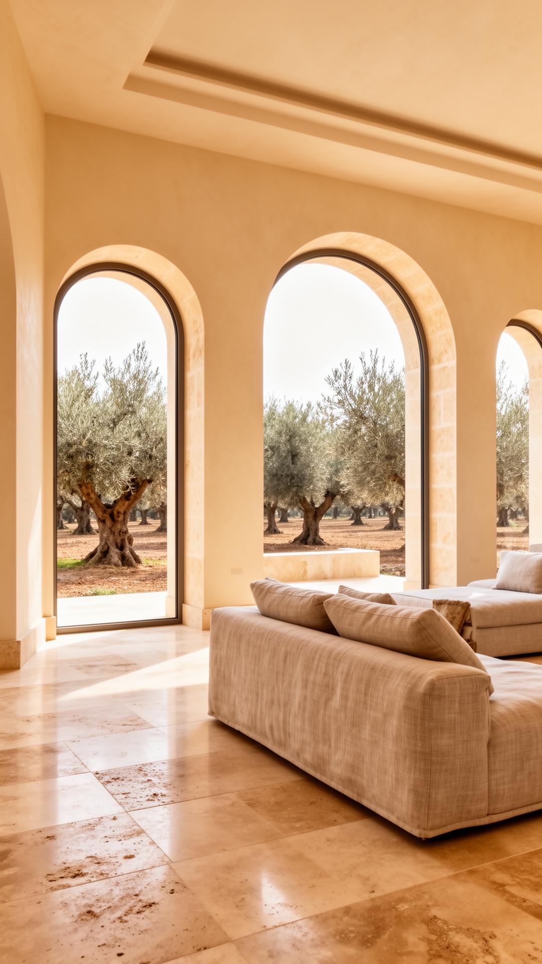 Light-filled stone villa interior with arched windows